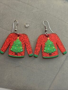 Festive Red Glitter Christmas ugly Sweater Earrings - Holiday Tree Design